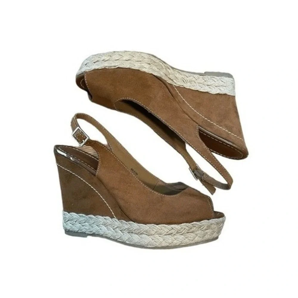 Brash Platform Wedge Sandals Brown Suede Leather‎ Peep Toe Espadrille 10